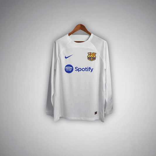 23/24 FC Barcelona White Long Sleeve Away Kit from FootballPrestige.com - Premium Football Kits