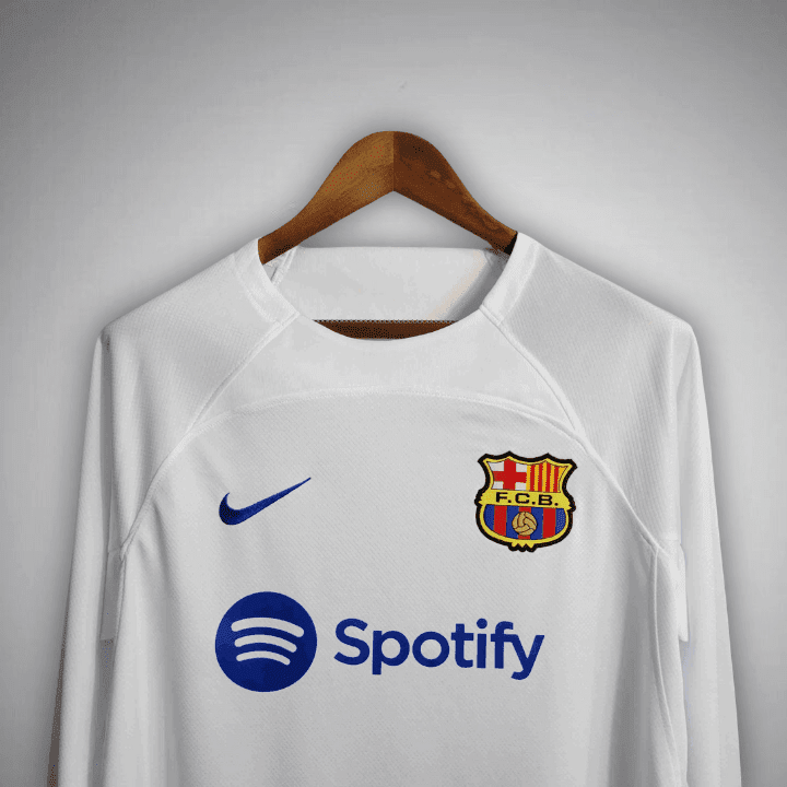 23/24 FC Barcelona White Long Sleeve Away Kit from FootballPrestige.com - Premium Football Kits