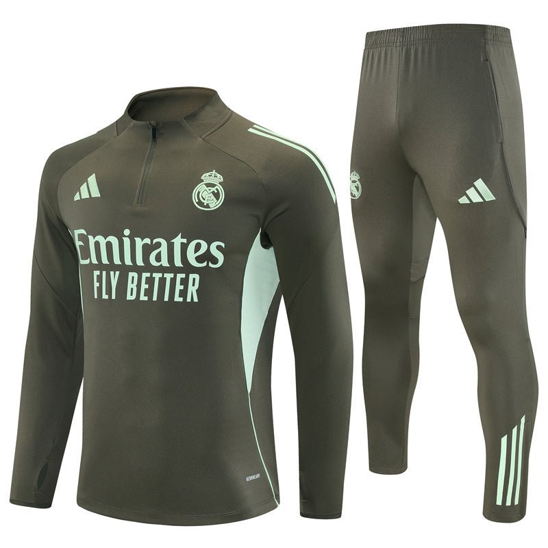 25/26 Real Madrid Training Dark Olive Kids Size Tracksuit from FootballPrestige.club - Premium Football Kits