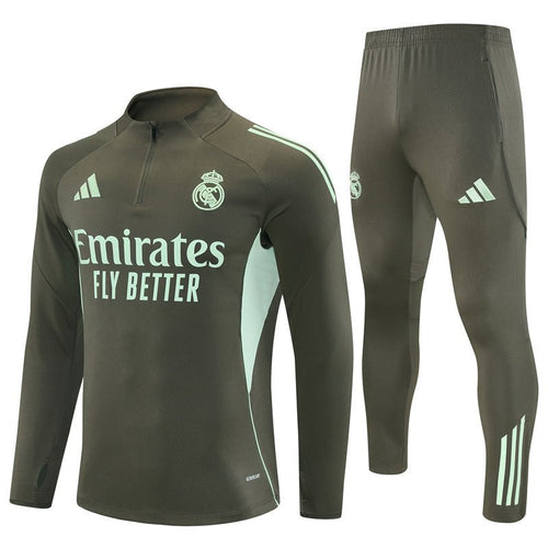 25/26 Real Madrid Training Dark Olive Tracksuit from FootballPrestige.com - Premium Football Kits