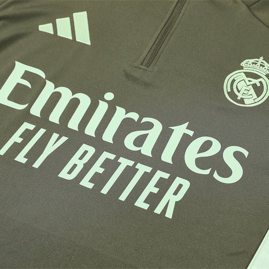 25/26 Real Madrid Training Dark Olive Tracksuit from FootballPrestige.com - Premium Football Kits