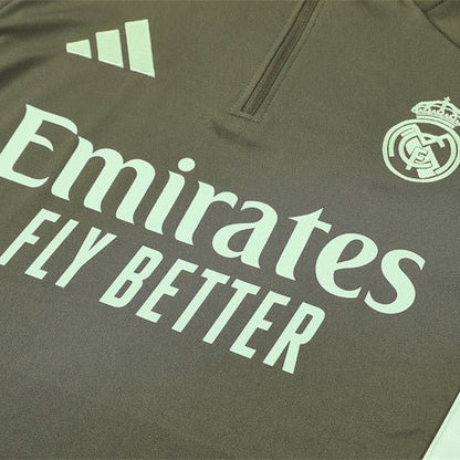 25/26 Real Madrid Training Dark Olive Tracksuit from FootballPrestige.com - Premium Football Kits