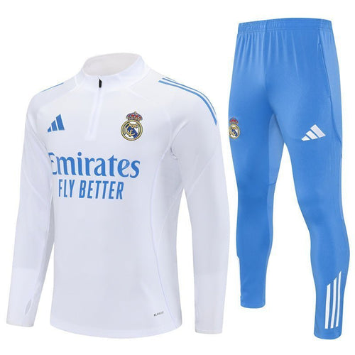 25/26 Real Madrid Training White/Light Blue Kids Size Tracksuit from FootballPrestige.com - Premium Football Kits